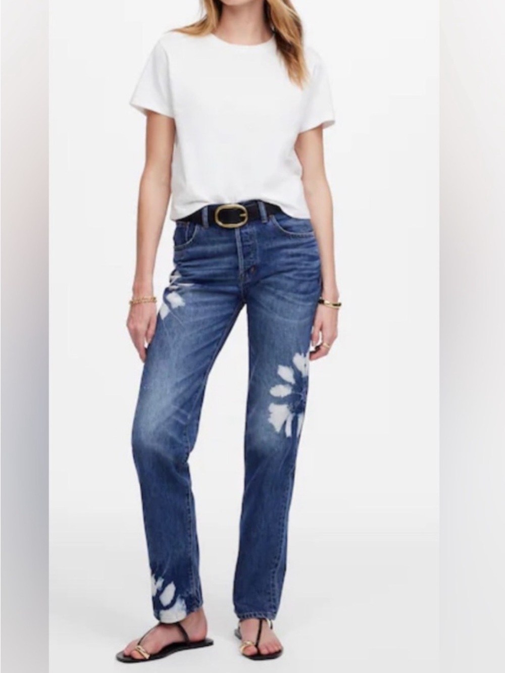 Madewell Blue Straight-Leg Jeans with White Floral Bleach